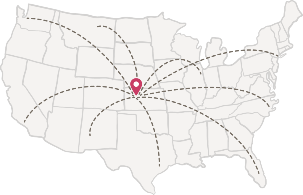 united states map with a pin on Plainville, Kansas, and dotted lines extending to different parts of the country